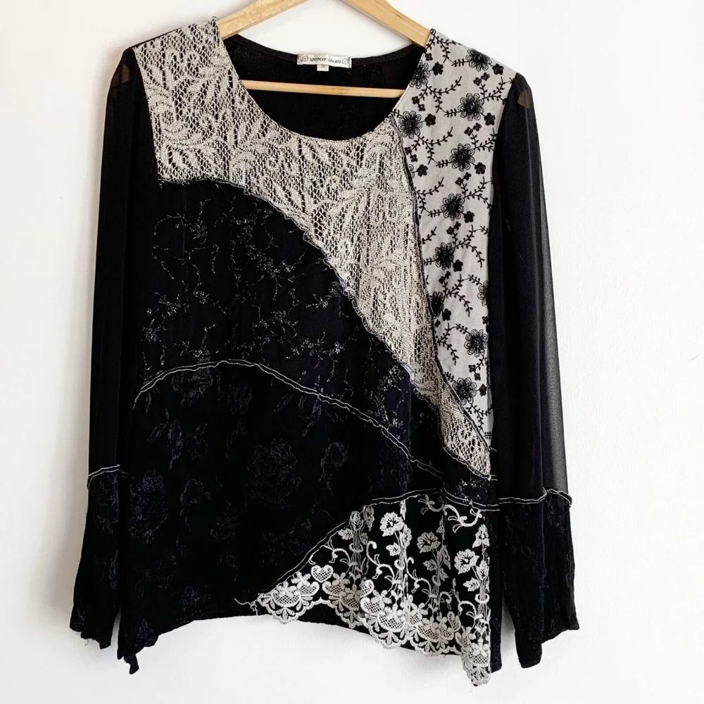 SPENCER ALEXIS Women Top 10 Black Floral Lace Applique Mesh Girlcore Long Sleeve